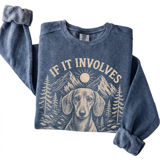 Denim Comfort Colors® sweatshirt featuring Hiking and Dachshunds, folded presentation