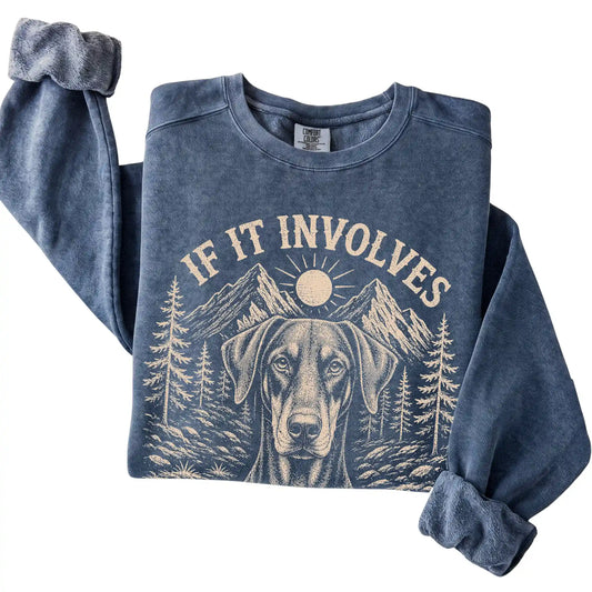 Denim Comfort Colors® sweatshirt featuring Hiking and Dobermans, folded presentation
