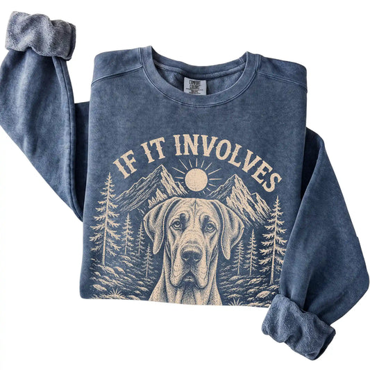 Denim Comfort Colors® sweatshirt featuring Hiking and Great Danes, folded presentation