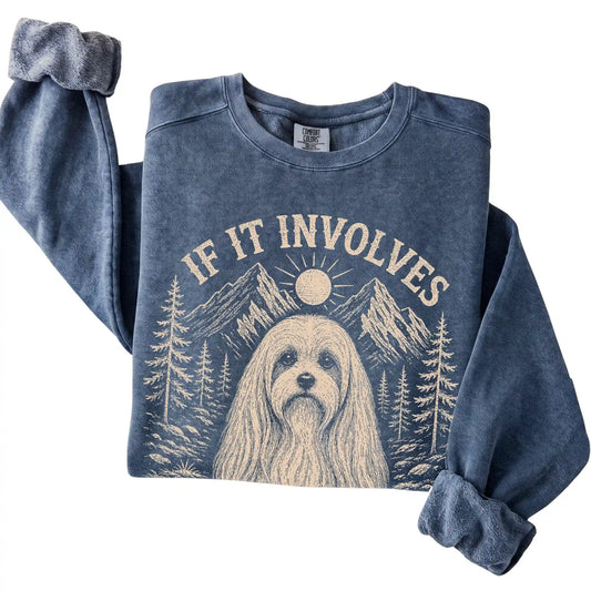 Denim Comfort Colors® sweatshirt featuring Hiking and Maltese, folded presentation