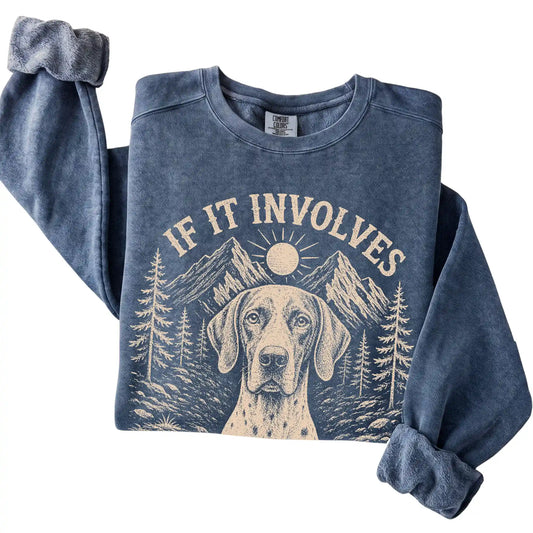 Denim Comfort Colors® sweatshirt featuring Hiking and Pointers, folded presentation