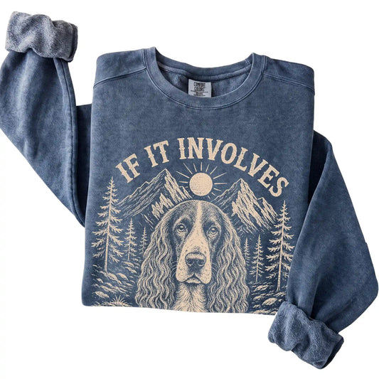 Denim Comfort Colors® sweatshirt featuring Hiking and Springer Spaniels, folded presentation