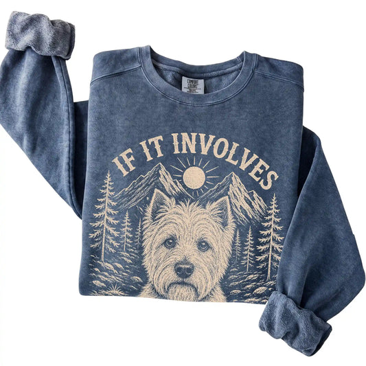 Denim Comfort Colors® sweatshirt featuring Hiking and Westies, folded presentation