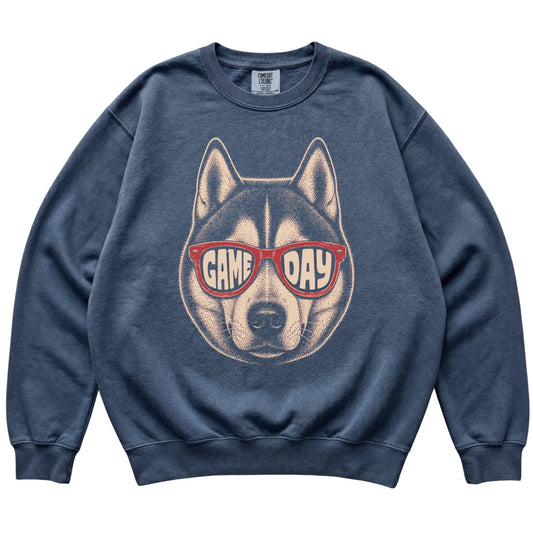 Denim Husky Game Day Sunglasses sweatshirt, laid flat