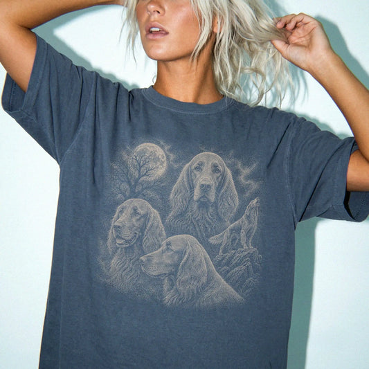 Model wearing a Denim Comfort Colors® T-shirt with a vintage moon montage featuring Irish Setter