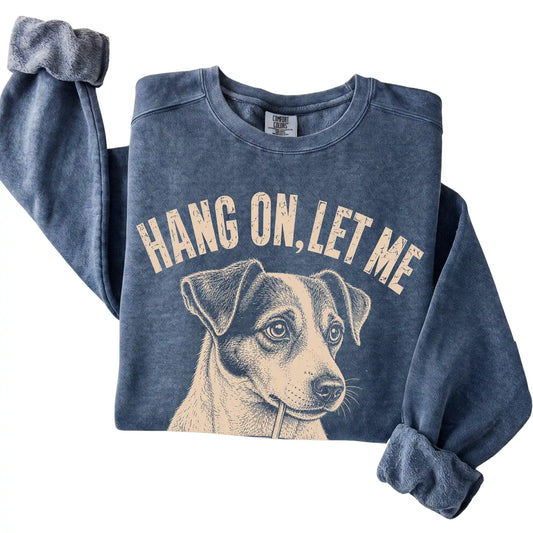 Denim Comfort Colors sweatshirt featuring Jack Russell Iced Coffee Overthink, folded presentation