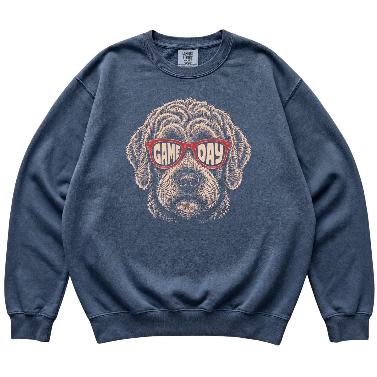 Denim Labradoodle Game Day Sunglasses sweatshirt, laid flat