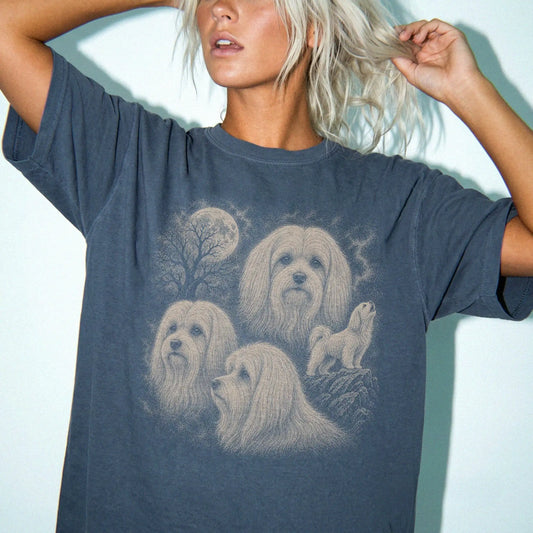 Model wearing a Denim Comfort Colors® T-shirt with a vintage moon montage featuring Maltese