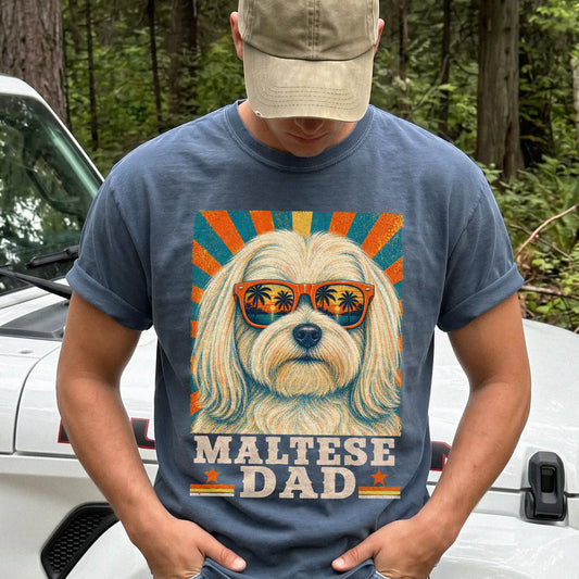 Retro Maltese Dad design on a Denim Comfort Colors T-shirt worn by a model