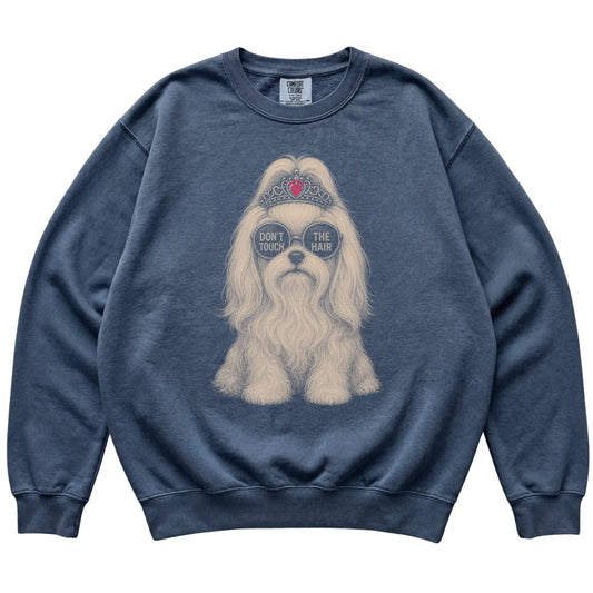 Denim Comfort Colors sweatshirt featuring Maltese Don't Touch The Hair, laid-flat presentation
