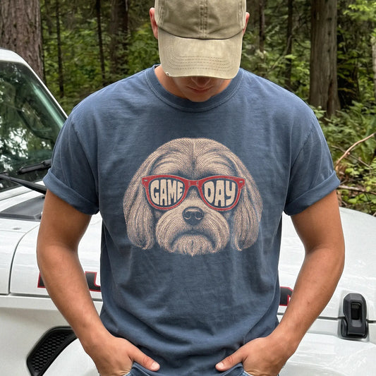 Model wearing a Denim Comfort Colors® T-shirt with maltese wearing red game day sunglasses