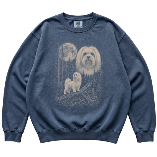Denim Maltese Moonlit Forest Comfort Colors sweatshirt, flat view
