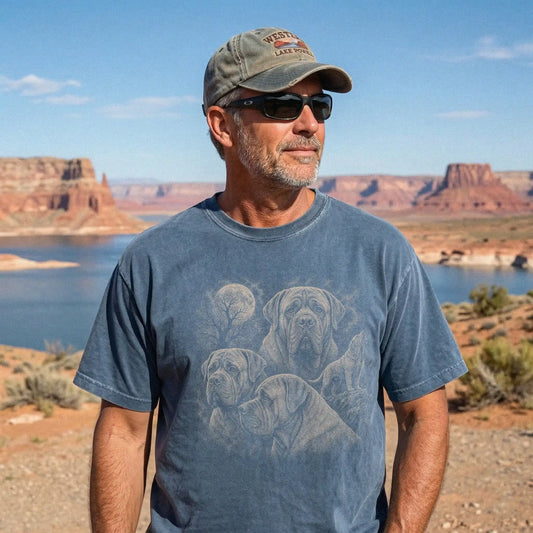 Model wearing a Denim Comfort Colors® T-shirt with a vintage moon montage featuring Mastiff
