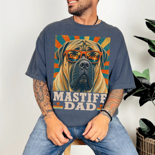 Retro Mastiff Dad design on a Denim Comfort Colors T-shirt worn by a model