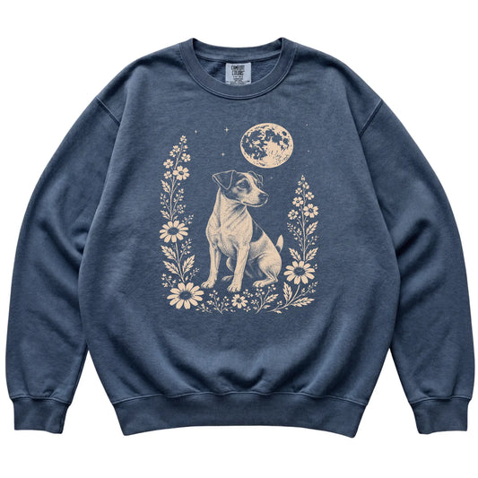 Denim Moon Flowers Jack Russell Comfort Colors sweatshirt, flat view
