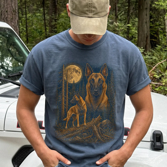 Person wearing a Denim Belgian Malinois full-color Moonlit Forest t-shirt