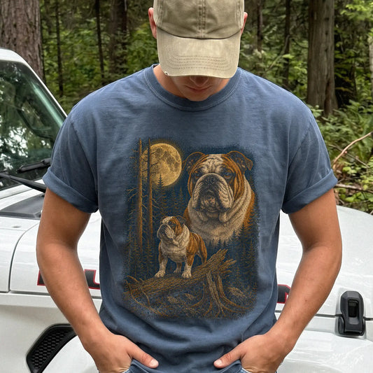 Person wearing a Denim Bulldog Wildwood Moon t-shirt