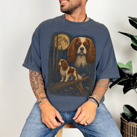 Person wearing a Denim Cavalier King Charles Spaniel full-color Moonlit Forest t-shirt