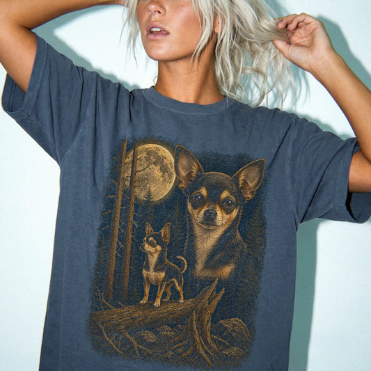Person wearing a Denim Chihuahua Wildwood Moon t-shirt