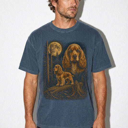 Person wearing a Denim Cocker Spaniel Wildwood Moon t-shirt