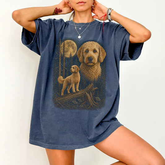 Person wearing a Denim Goldendoodle Wildwood Moon t-shirt