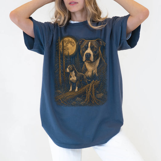 Person wearing a Denim Pitbull full-color Moonlit Forest t-shirt