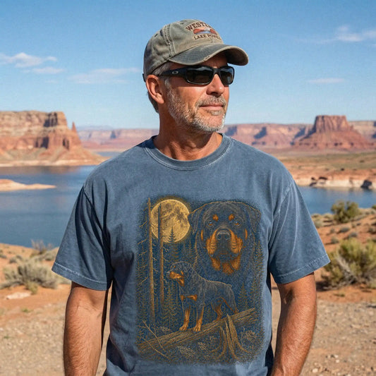 Person wearing a Denim Rottweiler Wildwood Moon t-shirt