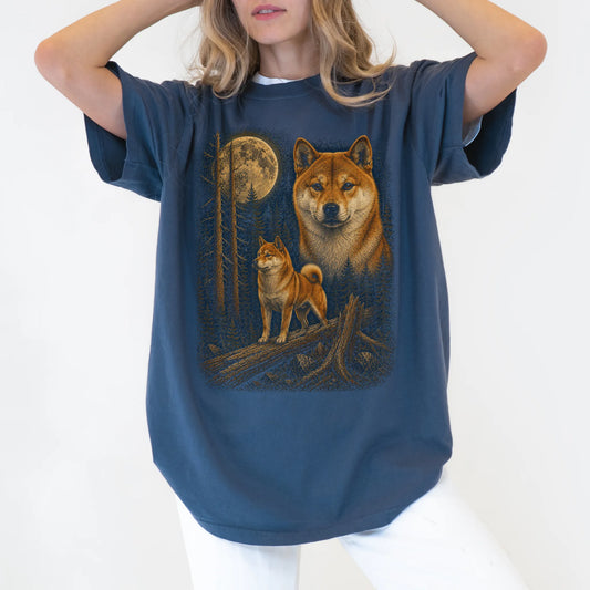 Person wearing a Denim Shiba Inu full-color Moonlit Forest t-shirt