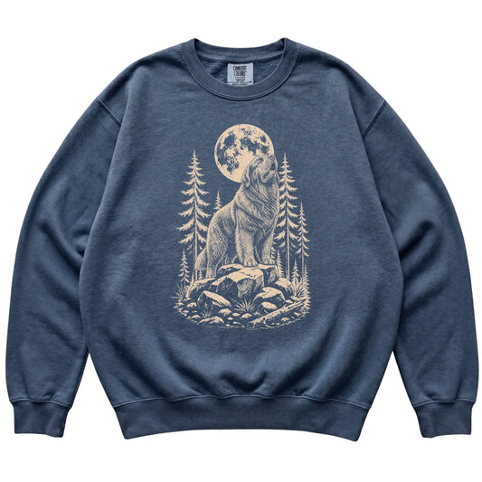 Close view of Newfie Howling at the Moon artwork on Denim Comfort Colors sweatshirt