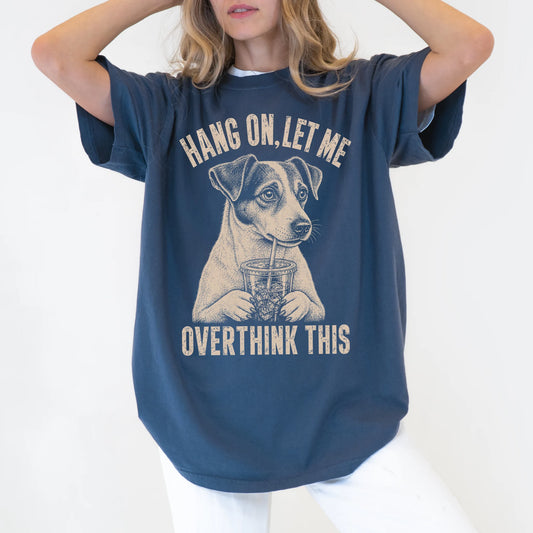 Woman wearing a Denim Overthinking Jack Russell T-Shirt