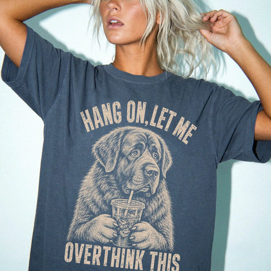 Woman wearing a Denim Overthinking Newfie T-Shirt