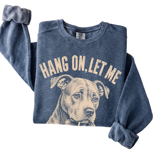 Denim Comfort Colors sweatshirt featuring Pitbull Iced Coffee Overthink, folded presentation