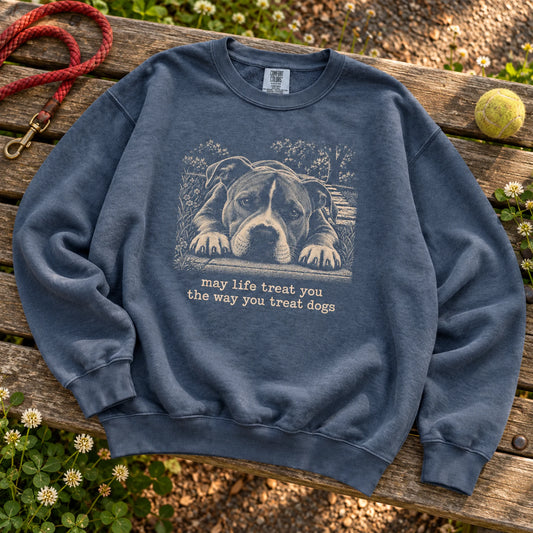 Pitbull Karma Comfort Colors sweatshirt in Denim on a dog park bench