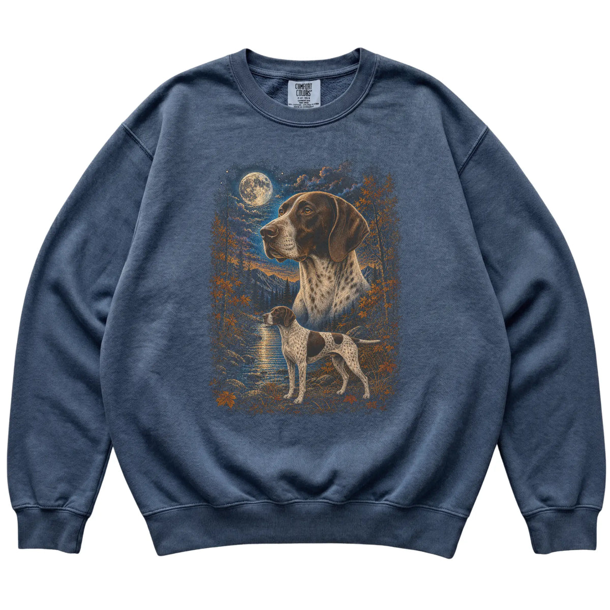 denim sweatshirt with Pointer Autumn Moon artwork.