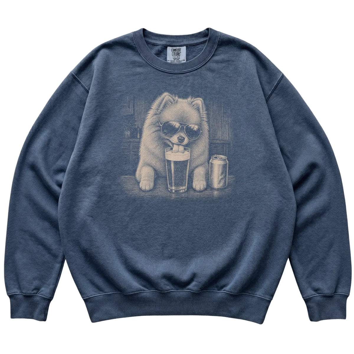Denim Pomeranian drinking from a pint at a bar, laid flat