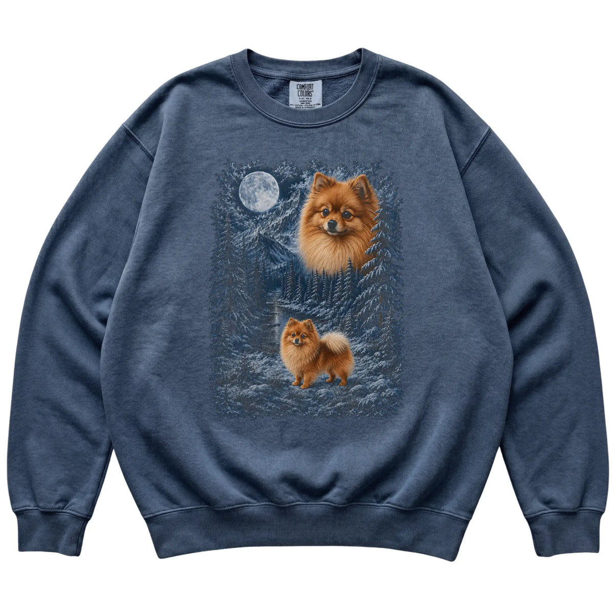 Pomeranian Forest Moon Sweatshirt in Denim