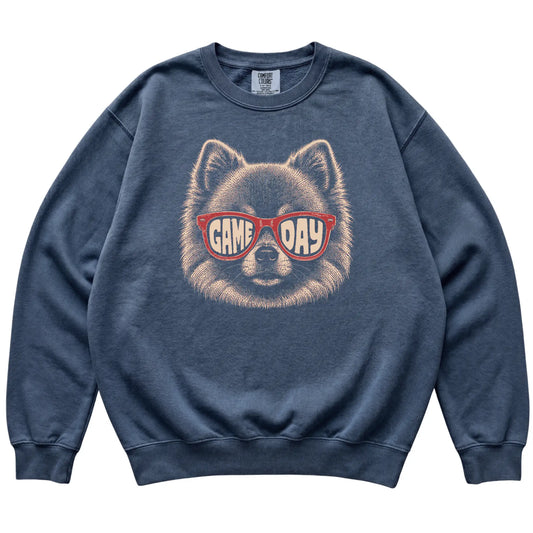 Denim Pomeranian Game Day Sunglasses sweatshirt, laid flat