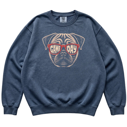 Denim Pug Game Day Sunglasses sweatshirt, laid flat