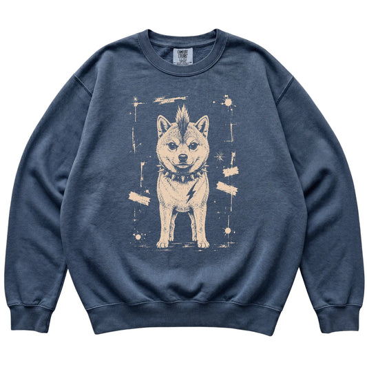Denim Punk Rock Shiba Inu Comfort Colors sweatshirt, flat view