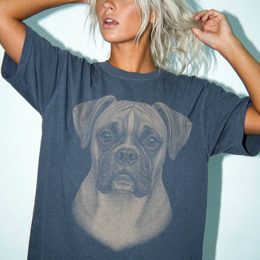 Model wearing a Denim Comfort Colors® T-shirt with a realistic drawing of a Boxer