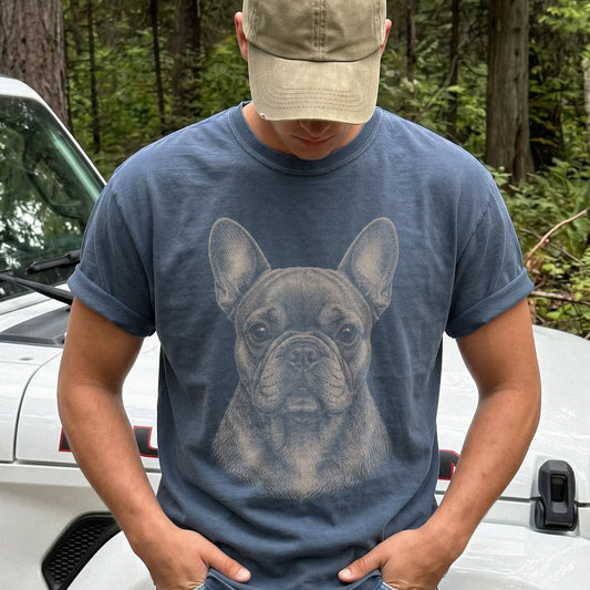 Model wearing a Denim Comfort Colors® T-shirt with a realistic drawing of a French Bulldog