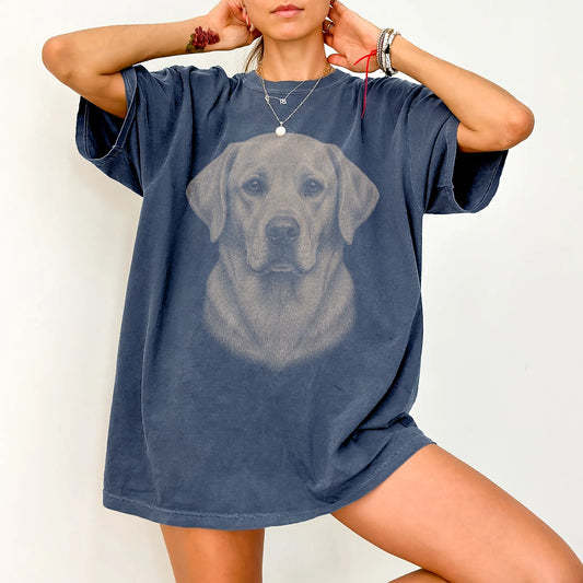 Model wearing a Denim Comfort Colors® T-shirt with a realistic drawing of a Labrador Retriever