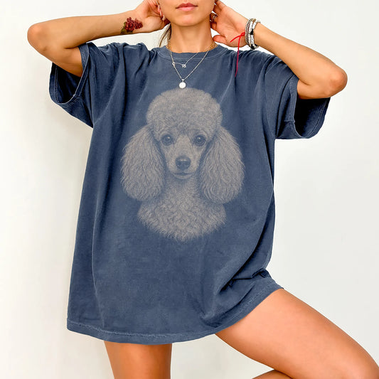Model wearing a Denim Comfort Colors® T-shirt with a realistic drawing of a Poodle