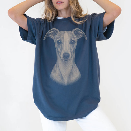 Model wearing a Denim Comfort Colors® T-shirt with a realistic drawing of a Whippet