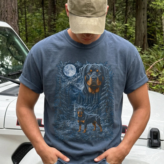 Model wearing a denim T-shirt with Rottweiler Winter Moon artwork.