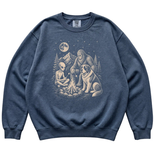 Denim Saint Bernard Camping with Bigfoot and Alien shirt laid flat