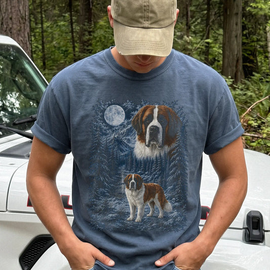 Person wearing a Denim Saint Bernard winter forest t-shirt