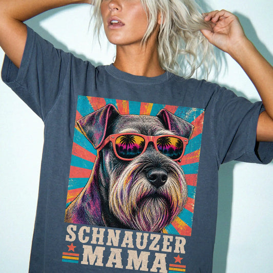 Retro Schnauzer Mama design on a Denim Comfort Colors T-shirt worn by a model