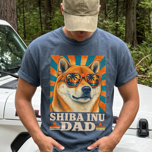 Retro Shiba Inu Dad design on a Denim Comfort Colors T-shirt worn by a model