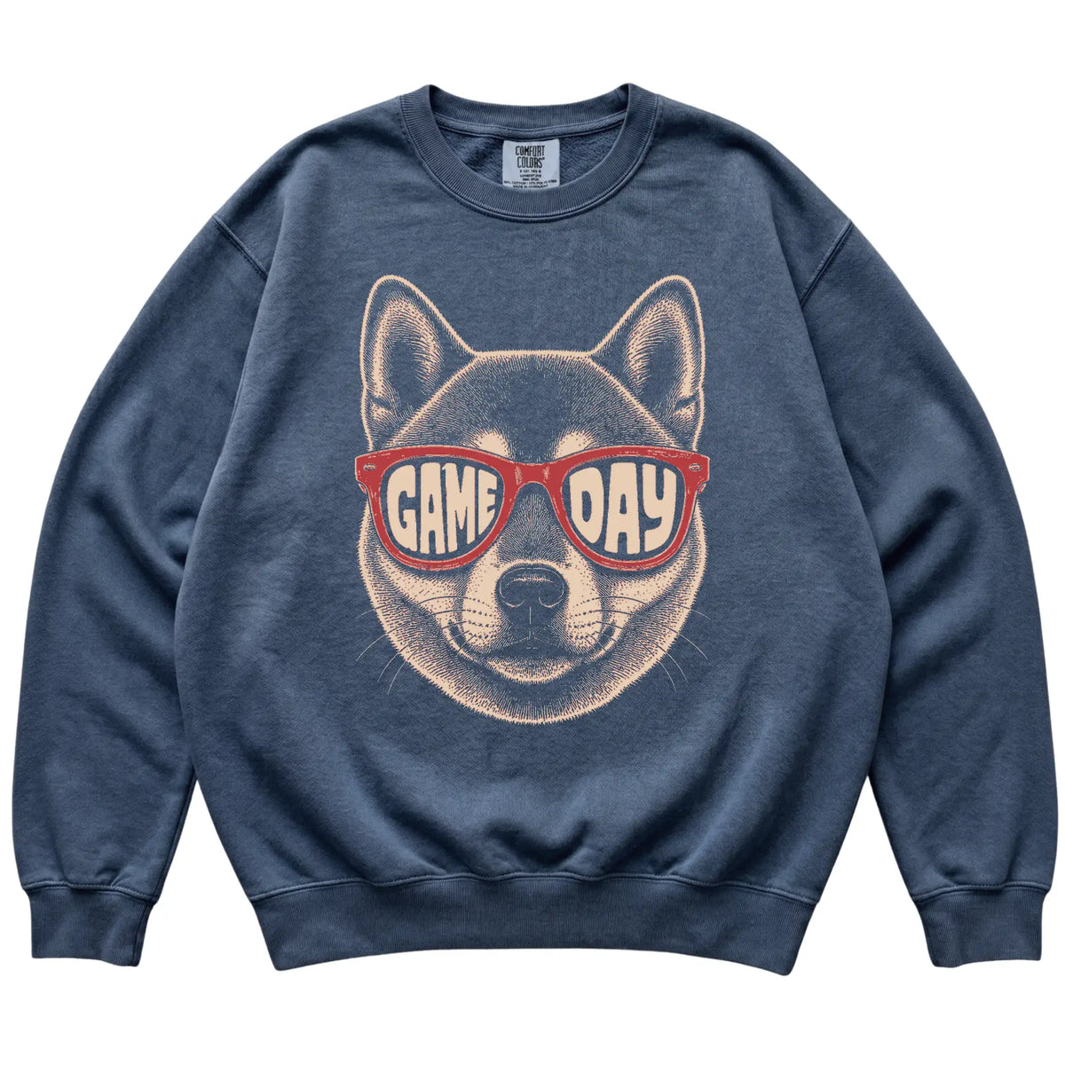 Shiba Inu Game Day design on a Denim sweatshirt, flat lay